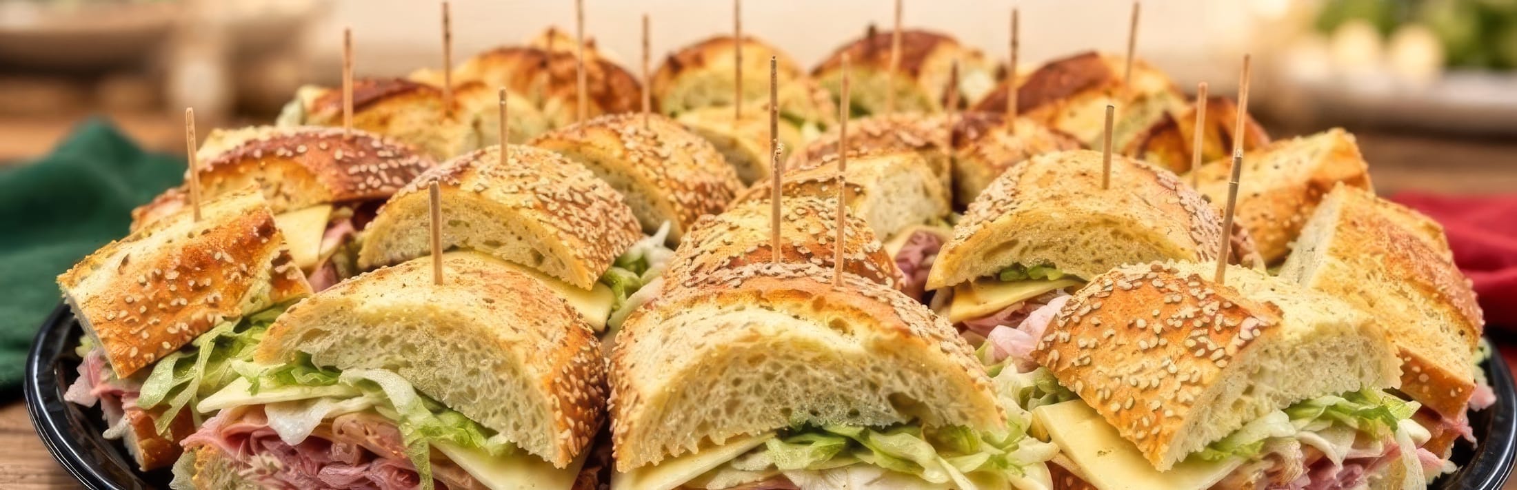 Catering tray of Italian hero sandwiches cut and skewered for a party