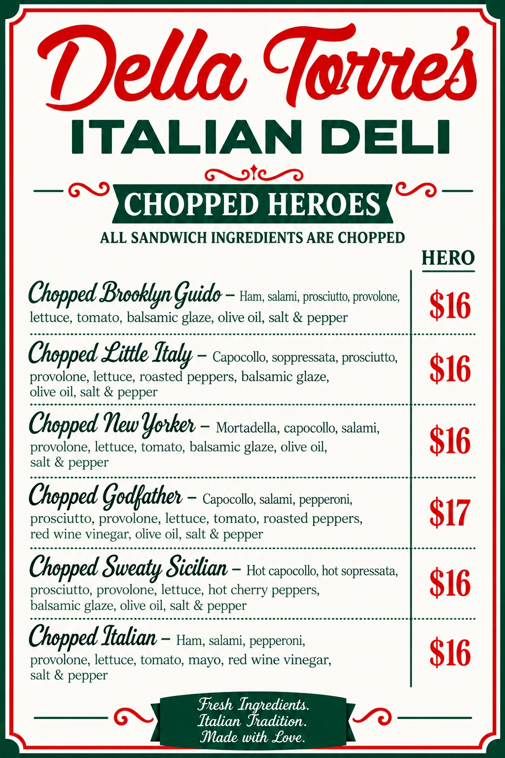 Chopped heroes menu: chopped Brooklyn Guido, chopped Little Italy, chopped New Yorker, chopped Godfather, chopped Sweaty Sicilian and chopped Italian, with prices